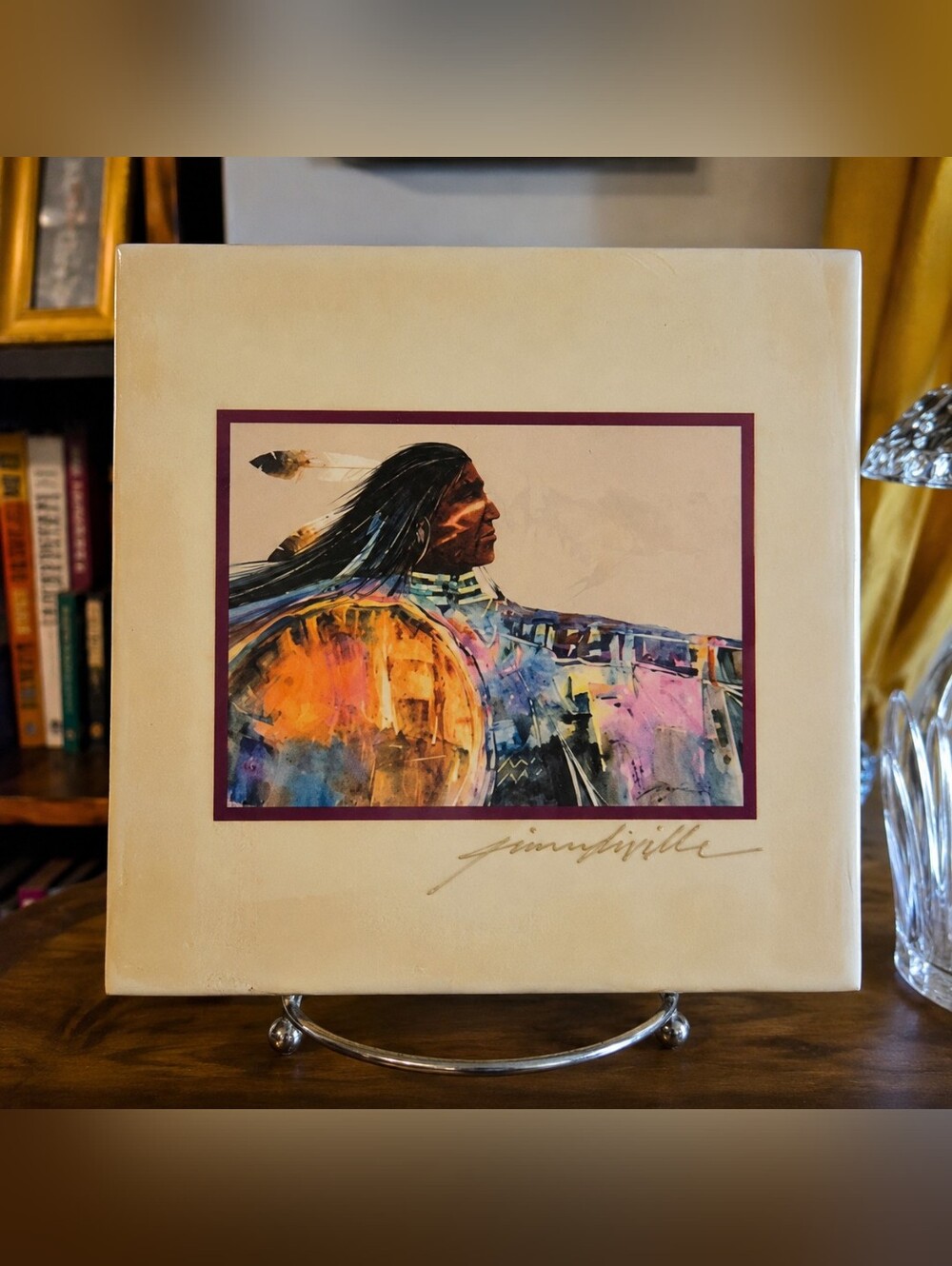 Signed Jim Prindiville Thunder Cloud Sioux Warrior Leanin' Tree Art Tile Native